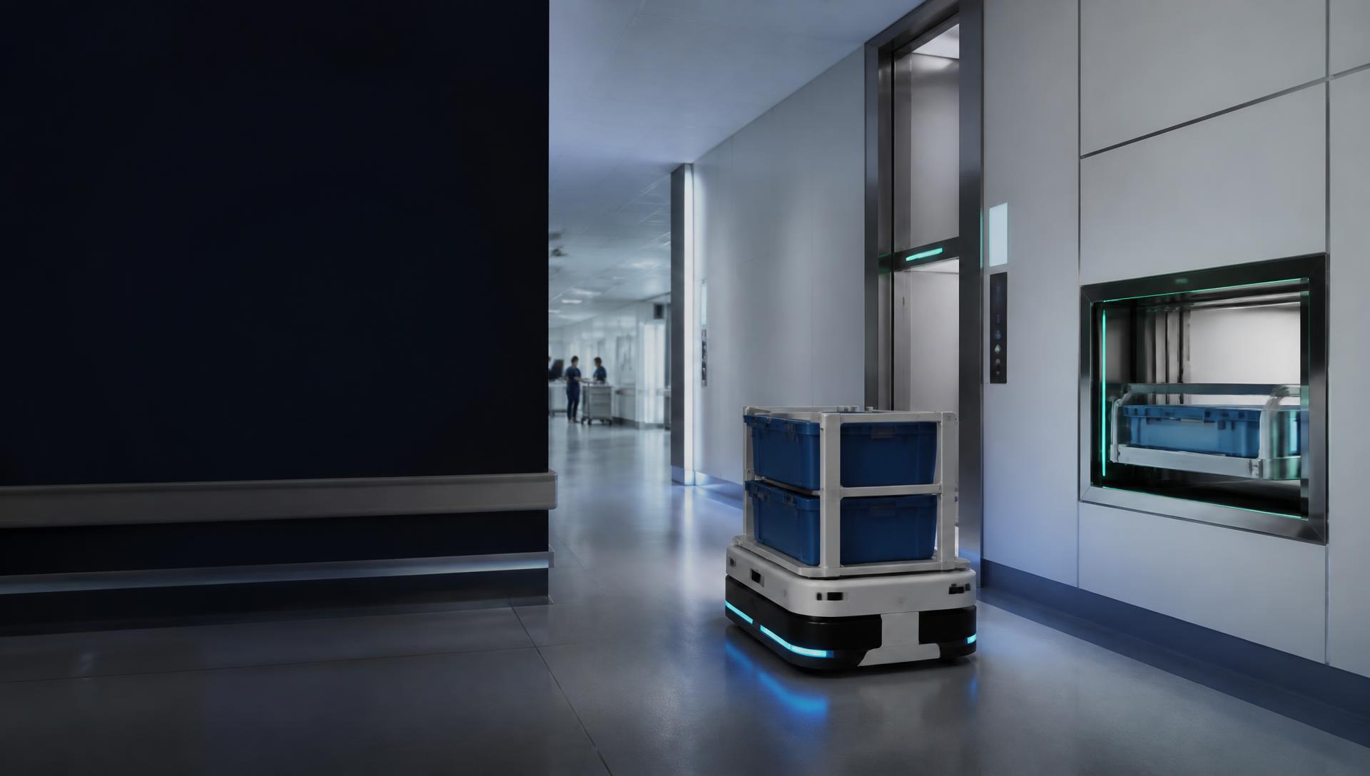 Autonomous mobile robot transporting secure medical supplies through a modern hospital corridor